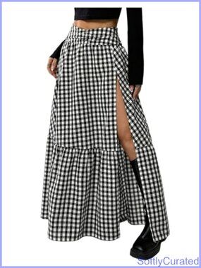 Women's High Slit Maxi Skirt Ruffle Hem Low Rise Flowy Boho